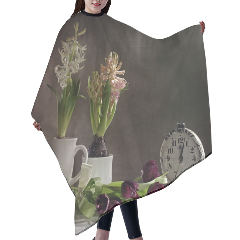 Personality  Still Life With Spring Flowers And A Clock Hair Cutting Cape