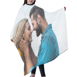 Personality  Side View Of Smiling Couple Hugging And Going To Kiss Against Blue Sky Hair Cutting Cape