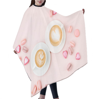 Personality  Coffee Cups With Candys And Macaroons On Pale Pink Background. Flat Lay, Top View Hair Cutting Cape