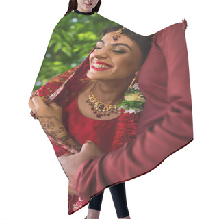 Personality  Smiling Indian Man In Turban Hugging Happy Bride In Red Sari  Hair Cutting Cape