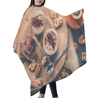 Personality  Top View Of Gourmet Tiramisu In Glass Jars And Cup Of Coffee Hair Cutting Cape