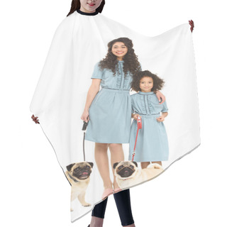 Personality  Happy Mother And Daughter In Similar Dresses With Pugs On Leashes Isolated On White Hair Cutting Cape