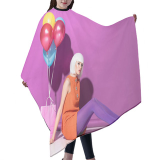 Personality  Charming Young Woman In Wig With Air Balloons Sitting On Purple Background Hair Cutting Cape