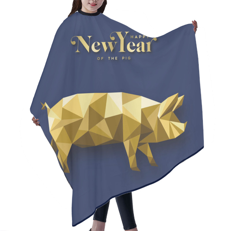 Personality  Chinese New Year 2019 Greeting Card With Low Poly Illustration Of Gold Hog. Includes Traditional Calligraphy That Means Pig. Hair Cutting Cape