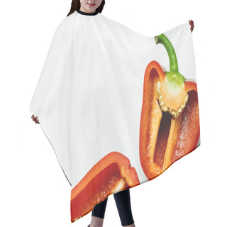 Personality  Top View Of Cut Ripe Paprika On White Background With Copy Space  Hair Cutting Cape