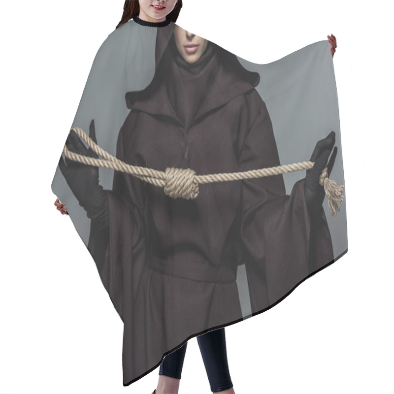 Personality  Cropped View Of Woman In Death Costume Holding Hanging Noose Isolated On Grey Hair Cutting Cape
