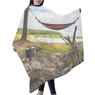 Personality  View Of Camping Near Lake With Hammock Between Trees Copy Space Hair Cutting Cape