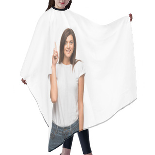 Personality  Beautiful Smiling Woman In White T-shirt Pointing Up, Isolated On White Hair Cutting Cape