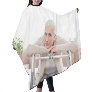 Personality  Senior Woman With Walker In Hospital Hair Cutting Cape