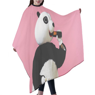 Personality  Person In Panda Bear Costume Drinking Wine From Bottle And Holding Cork Isolated On Pink Hair Cutting Cape