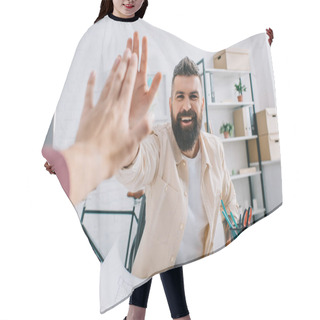 Personality  Smiling Architect Giving High Five To Coworker At Modern Office Hair Cutting Cape