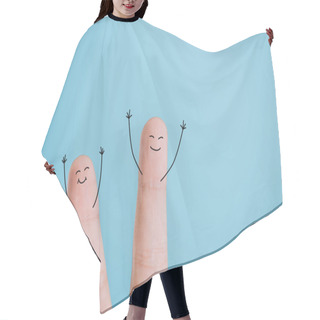Personality  Cropped View Of Happy Excited Fingers Isolated On Blue Hair Cutting Cape
