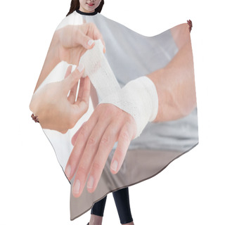 Personality  Doctor Bandaging Her Patient Hand Hair Cutting Cape