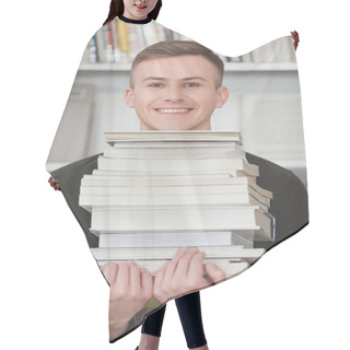 Personality  Smiling Student Holding Stack Of Books And Looking At Camera Hair Cutting Cape