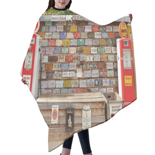 Personality  Gas Pump Stand Museum And Historical Automobile Registration Tags. Hair Cutting Cape