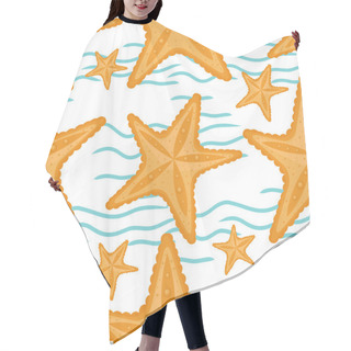 Personality  Background With Waves And Starfish, Seamless Sea Pattern. Hair Cutting Cape