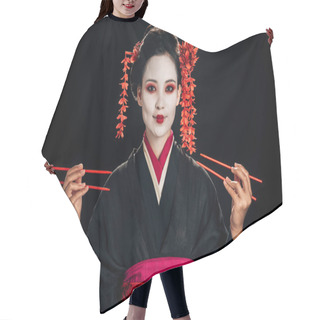 Personality  Happy Beautiful Geisha In Black Kimono With Red Flowers In Hair Holding Chopsticks Isolated On Black Hair Cutting Cape