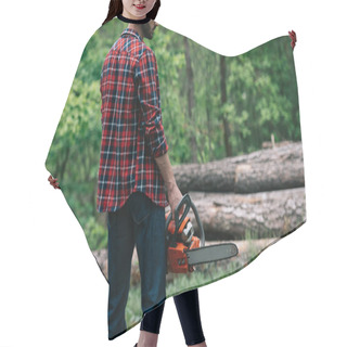 Personality  Cropped View Of Lumberjack In Checkered Shirt Holding Chainsaw In Forest Hair Cutting Cape
