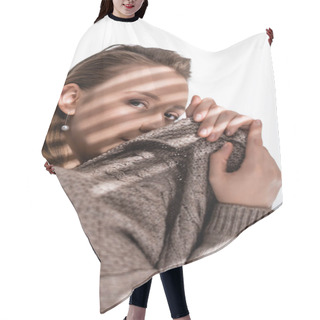 Personality  Attractive Overweight Girl Obscuring Face With Grey Sweater And Looking At Camera On White With Sunlight And Shadows Hair Cutting Cape