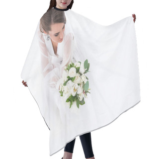 Personality  Overhead View Of Young Bride In Dress Holding Wedding Bouquet, Isolated On White Hair Cutting Cape