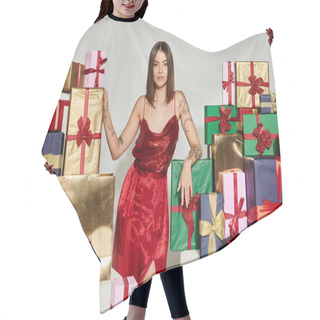Personality  Young Woman In Red Dress Standing Next To Presents Looking At Camera, Holiday Gifts Concept Hair Cutting Cape