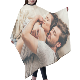 Personality  Young Couple Hugging At Home  Hair Cutting Cape