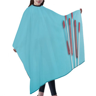 Personality  Top View Of Blood Samples Near Throat Swabs On Blue Background, Banner  Hair Cutting Cape