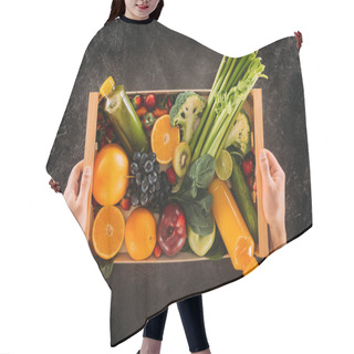 Personality  Woman Holding Box With Healthy Food Hair Cutting Cape