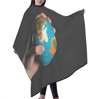Personality  Cropped View Of Plasticine Globe In Female Hand Isolated On Black, Global Warming Concept Hair Cutting Cape
