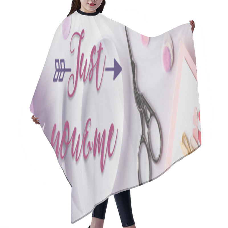 Personality  Top View Of Valentines Gifts, Ribbon And Scissors On White Background With Just You And Me Lettering, Panoramic Shot Hair Cutting Cape