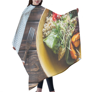 Personality  Top View Of Vegetarian Salad With Grilled Vegetables, Sprouts, Cherry Tomatoes In Bowl, Fork And Linen On Wooden Tabletop Hair Cutting Cape