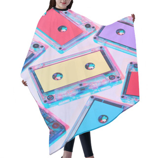Personality  Top View Of Arranged Colorful Audio Cassettes On Purple Background Hair Cutting Cape