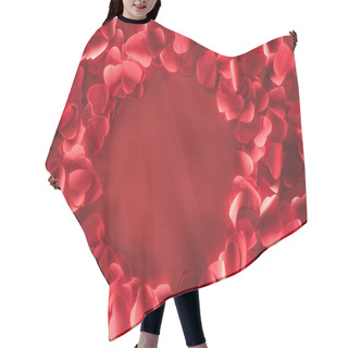 Personality  Top View Of Beautiful Round Frame From Decorative Heart Shaped Petals On Red Background  Hair Cutting Cape