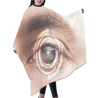 Personality  Close Up View Of Man Brown Eye With Data Illustration, Robotic Concept Hair Cutting Cape