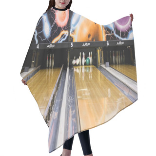 Personality  Bowling Pins Fly To The Sides Of A Ball. Media. Bowling Ball Smashes The Pins Hair Cutting Cape