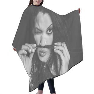 Personality  Young Woman Trendy Black Hat Mustache  Long Hair  Hair Cutting Cape