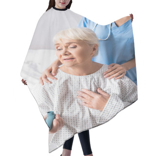 Personality  Nurse Touching Shoulders Of Aged Woman Holding Inhaler While Suffering From Asthma Attack Hair Cutting Cape