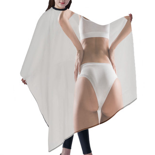 Personality  Back View Of Beautiful Slim Woman In Underwear With Hands On Hips Isolated On Grey Hair Cutting Cape