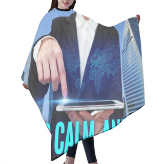 Personality  Writing Displaying Text Keep Calm And. Word For Motivational Poster Produced By British Government Laptop Resting On Lap Of Woman With Flat Legs Accomplishing Remote Job. Hair Cutting Cape