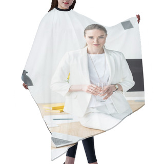 Personality  Portrait Of Businesswoman With Glass Of Water At Workplace With Laptop In Office Hair Cutting Cape