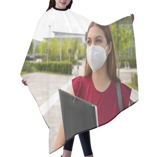 Personality  Portrait Of Beautiful Girl With FFP2 KN95 Face Mask Holding Folders Looking To The Side Outdoors Hair Cutting Cape