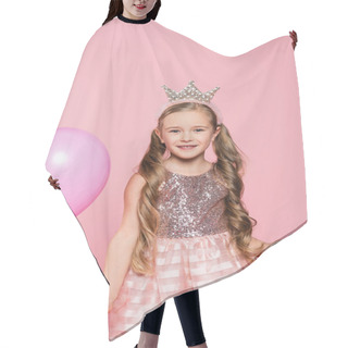 Personality  Joyful Little Girl In Dress And Crown Holding Balloon Isolated On Pink Hair Cutting Cape