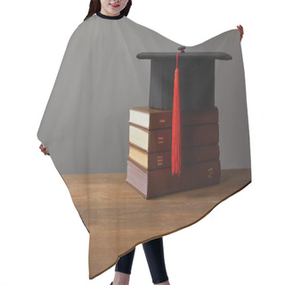 Personality  Academic Cap And Books On Wooden Surface Isolated On Grey Hair Cutting Cape