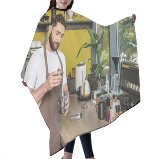 Personality  Bearded Barista In Apron Holding Metal Pitchers While Making Coffee In Coffee Shop Hair Cutting Cape