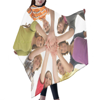 Personality  Group Of Smiling Teenagers Staying Together And Looking At Camera Hair Cutting Cape