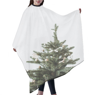 Personality  Christmas, New Year Fir-tree Decorated With Toys, Christmas Balls, Bows On White Background. Winter Holidays Minimal Composition. Hair Cutting Cape