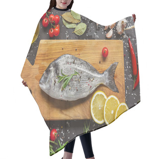 Personality  View From Above Of Food Composition With Raw Fish And Ingredients On Wooden Board Hair Cutting Cape