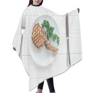 Personality  Top View Of Tasty Rib Eye Meat Steak On Plate With Parsley And Cutlery On White Wooden Background Hair Cutting Cape