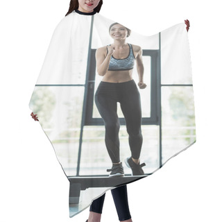 Personality  Cheerful Woman Working Out On Step Platform In Sports Center  Hair Cutting Cape