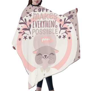 Personality  Coffee Addiction Banner Vector Illustration. Coffee Makes Everything Possible. Cute Cartoon Character Who Loves Hot Drink. Cat In White T-shirt Enjoying Coffee Surrounded By Beans. Hair Cutting Cape